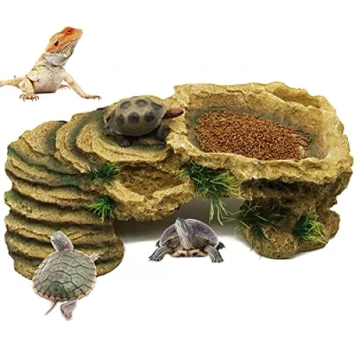 Image of BREUAILY Turtle Basking Platform Large Resin Tortoise Cave Hole Reptile Resting Terrace Shelter Habitat for Bearded Dragon Lizards Fish Amphibians