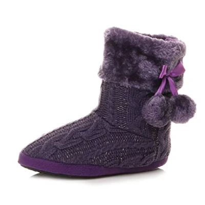 Image of Ajvani Womens Ladies Winter pom Fur Lined Knitted Ankle Slipper Boots , Purple Glitter Knitted, 9 UK