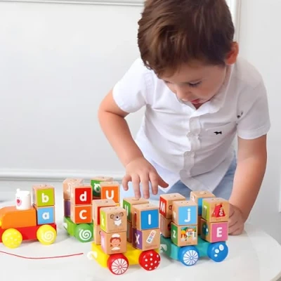 Image of RLS Wooden colourful pull along alphabet block train Toy