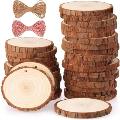 Image of Fuyit Natural Wood Slices 30 Pcs 6 7cm Drilled Hole Unfinished Log Wooden Circles for DIY Crafts Wedding Decorations Christmas Ornaments with Free Gifts