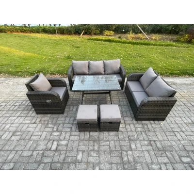Image of 8 Seater Outdoor Rattan Garden Furniture Set Patio Lounge Sofa with Dining Table 2 Small Footstools Dark Grey Mixed Fimous