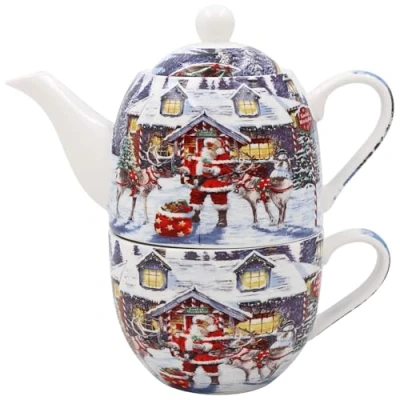 Image of Lesser &amp; Pavey Macneil Christmas Traditional Santa Tea for One Set Pot and Mug Gift Idea Xmas Themed Mug, Santa, UK Design, Hot Drinks, Tea, Coffee