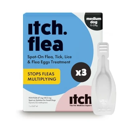 Image of Itch Medium Dog Flea &amp; Tick Treatment Spot On Solution Dogs 10kg 20kg Kills Fleas, Lice, Ticks, Eggs and Larvae 3 Pipettes