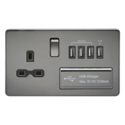 Image of KnightsBridge 13A 2G Screwless Black Nickel 1G Switched Socket with Quad 5V USB Charger Ports White Insert