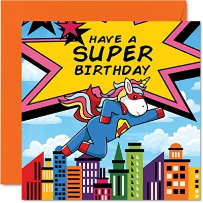 Image of Kids Birthday Card Super Unicorn Superhero Kids, Hero Cards for Girls Boys Him Her, 145mm x Greeting Son Daughter Niece Nephew Grandchild Kid Children