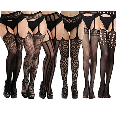 Image of DRESHOW 6 Pack Women Fishnet Tights Suspender Pantyhose Thigh High Stockings