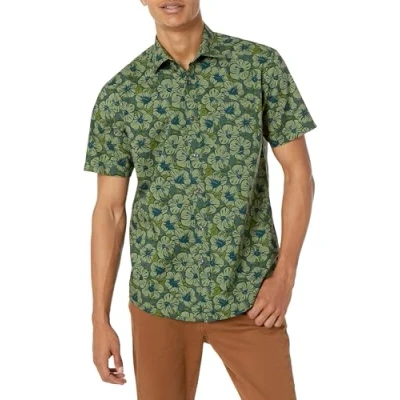 Image of Amazon Essentials Men&#039;s Regular Fit Short Sleeve Print Shirt, Olive Flowers, XL