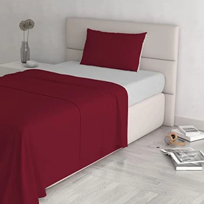 Image of Italian Bed Linen Natural Colour Sheet Set, Cotton, Bordeaux/Light Grey, Small Double