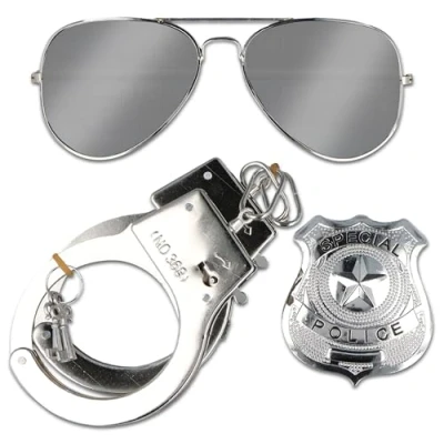 Image of Quickdraw 3 Piece Police Officer Set Adults Policeman Sunglasses Badge &amp; HandCuffs Fancy Dress Costume Accessories
