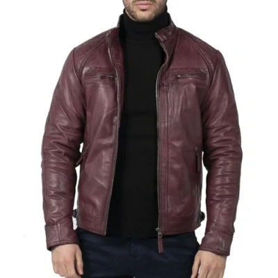 Image of TruClothing Men&#039;s Biker Jacket Outwear Windproof Winter Motorcycle Rider Real Leather Jackets Coat Retro Wine L