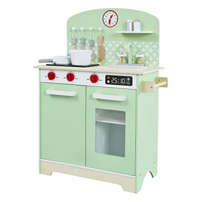 Image of Liberty House Toys Kids Wooden Retro Play Kitchen with Role Accessories Green and White