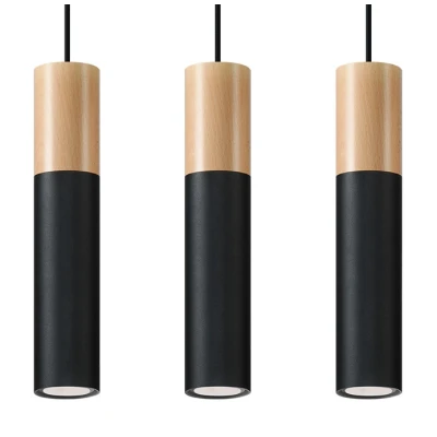Image of Pablo Triple Hanging Pendant Light Black, Natural Wood GU10