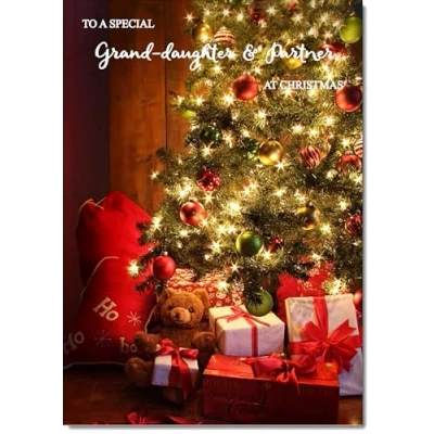 Image of doodlecards Granddaughter and Partner Christmas Card Teddy by Tree Medium Size for &amp; with Plain Envelope