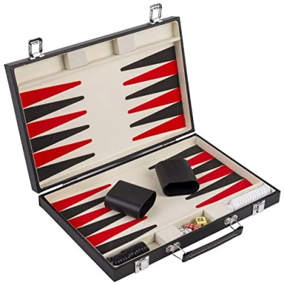 Image of Engelhart Deluxe Wooden Backgammon Game in Leatherette Covered Case, 2 player, 5 dice, cups as well shuffleboard, (Black/Red 15&quot;)