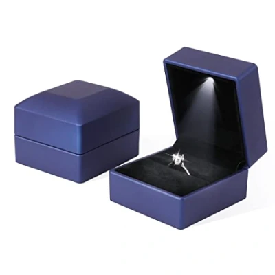 Image of Rolin Roly 2PCSBlack Ring Box with LED Light Square Jewelry Case Jewellry Display Gift Boxes for Proposal Wedding Ceremony Engagement Anniversary (Navy Blue)