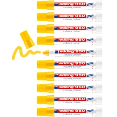 Image of edding 950 industry painter yellow 10 pens round tip mm marker for writing on metal, rocks, wood rough or wet surfaces Permanent, waterproof