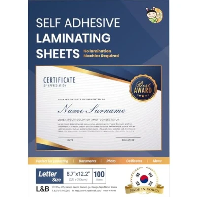 Image of No Heat Laminating Sheets Self Sealing A4 Size, (23 x 30 cm), 100 Sheets, Micron Thickness, Machine Adhesive [Letter Size] by HA SHI
