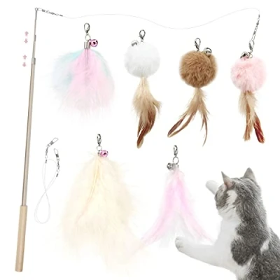 Image of SONGWAY Cat Toy Feather Wand 7 PCS Toys, Retractable Toys with 6 Refills Bell, Interactive for Indoor and Kitten, Pink