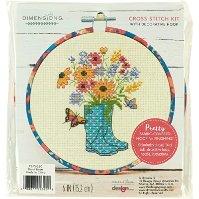 Image of Dimensions 72 76320 Floral Boots Counted Cross Stitch Kit for Beginners, 6&quot; D, 14 Ct. Ivory Aida, 5pcs