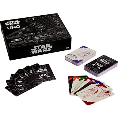 Image of Mattel Games UNO Star Wars Technical Schematics Card Game for Kids &amp; Adults with Blueprints of Space Stations, Ships Droids