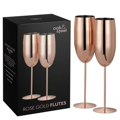 Image of Oak &amp; Steel 2 Rose Gold Champagne Flutes, 280ml Stainless Prosecco Glasses with Gift Box