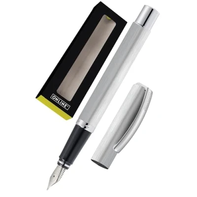 Image of Fountain Pen Vision from Online with Clear Design matt Brushed Aluminum Iridium Nib M Suitable for Standard Ink cartridges and converters Gift Box Classic Silver OL/38520 0