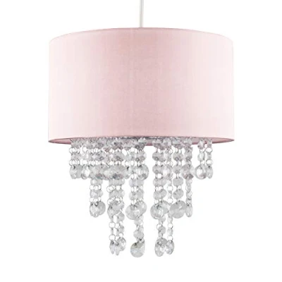 Image of MiniSun Modern Pink Cylinder Ceiling Pendant Light Shade with Clear Acrylic Jewel Effect Droplets Complete a 10w LED GLS Bulb [3000K Warm White]