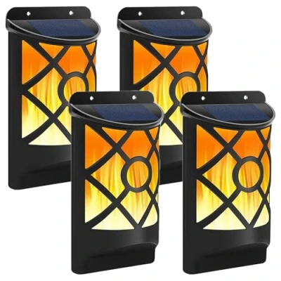 Image of Solar Powered LED Flame Light Wall Mounted Outdoor Garden Patio Lighting Auto On/Off Dusk to Dawn Set of 4