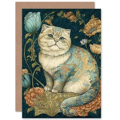 Image of Artery8 William Morris Inspired Cute Cat with Floral Pattern Fur and Flowers Colourful Modern Illustration Art Birthday Sealed Greeting Card Plus Envelope Blank inside