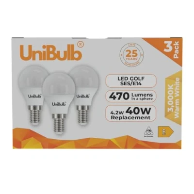 Image of Unibulb E14 LED Light Bulb, Small Screw 4.2W 470lm, 40W Equivalent SES Warm White 2700K Golf Ball Energy Saving P45 220 240V, Non Dimmable, Pack of 3