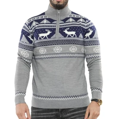 Image of NOROZE Men&#039;s Merry Christmas Mock Zip Nordic Style Reindeer Moose Stag Funnel Crew Neck Festive Xmas Jumper (M, Navy)