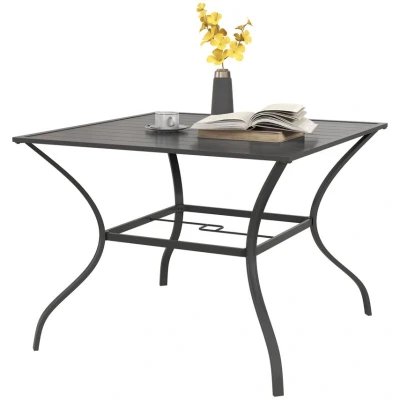 Image of Outsunny 94 x cm Garden Dining Table with Parasol Hole, Square Patio Slatted Metal Plate Top, Dark Grey