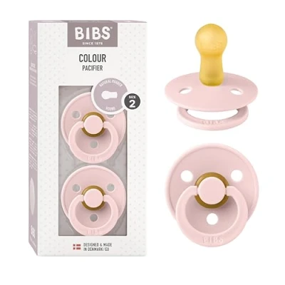 Image of BIBS Colour Soother 2 Pack, BPA Free Dummy Pacifier, Round Nipple. Natural Rubber Latex, Made in Denmark, Size (6 18 Months), Blossom