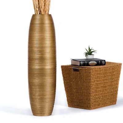 Image of Leewadee Large Gold Home Decor Floor Vase Wooden 90 cm Tall Farmhouse Flower Holder For Fake Plant And Pampas Grass