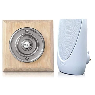 Image of Byron 100m Wireless Period Plug in Doorbell kit Push on Plinth (Natural Oak Chrome)