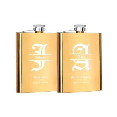 Image of Set of 2, Personalised Flasks for Groomsmen Bridesmaid Gifts, 8oz Stainless Steel Engraved Men Women, Custom Wedding Party Gift, Best Friend Valentine Gift
