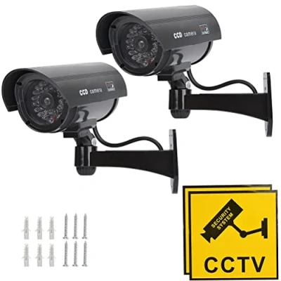 Image of TIMESETL 2Pack Dummy Camera Waterproof Bullet Shape Black Fake Security with Red Flashing LED + Yellow CCTV Signs, Wireless Wall Mount Plugs Screws