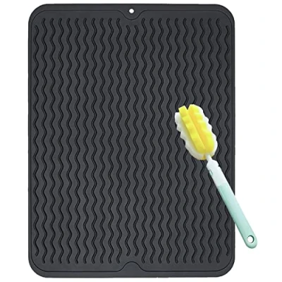 Image of FOSER Silicone Dish Drying Mat, 50 cm x 40 cm, Mat for Dishes with Cleaning Brush, Heat Resistant, Non Slip and Odourless, Black