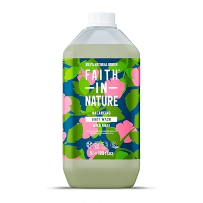 Image of Faith In Nature Natural Wild Rose Body Wash, Balacing Shower Gel, Vegan &amp; Cruelty Free, No SLS or Parabens, 5L Refill Pack