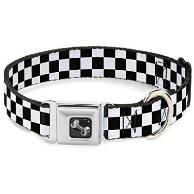 Image of Buckle Down Seatbelt Dog Collar Checker Black/White 1&quot; Wide Fits 15 26&quot; Neck Large