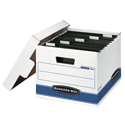 Image of BANKERS BOX HANG&#039;N&#039;STOR Medium Duty Storage Boxes, FastFold, Lift Off Lid, Letter, 4 Pack (00784), Blue;White