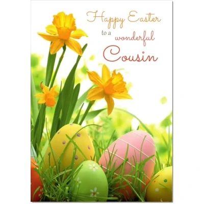 Image of doodlecards Cousin Easter Card Daffodils &amp; Eggs Medium Size with Plain Envelope