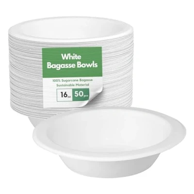 Image of CaterCo Bagasse Sugarcane 16oz / 370ml Bowls Strong, Disposable, Biodegradable, Compostable Eco Friendly White Paper Bowl for Soup, Salad, Dessert, Party, BBQ 50 Pack