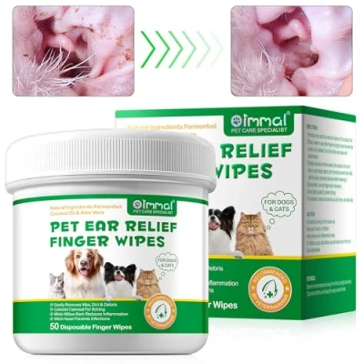 Image of Dog Ear Wipes, Cleaner Finger Wipes 50Pcs, For Dogs &amp; Cats, Coconut Oil Aloe Vera, Natural Ingredients, Gently Removes Wax, Dirt Debris, Prevent Odor And Itching