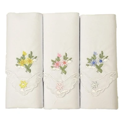Image of 3 Boxed Ladies Coloured Embroidered Lace Corner Handkerchiefs 100% cotton