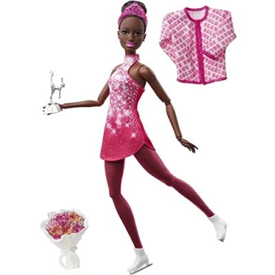 Image of Barbie HCN31 Winter Sports Figure Skater Doll Brunette (30 cm) with Pink Dress, Jacket, Rose Bouquet and Trophy, Great Gift for Children from 3 Years