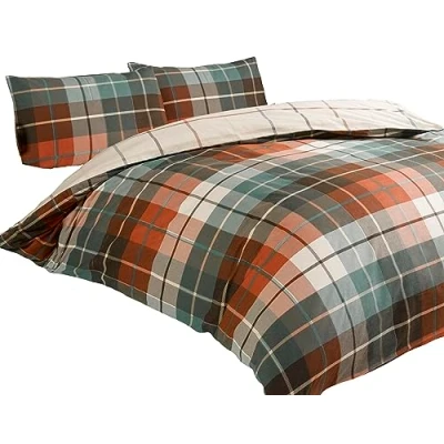 Image of Rapport Lomond Check 100 Percent Brushed Cotton Duvet Set, Terracotta, Single