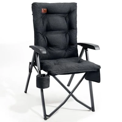 Image of EVER ADVANCED Luxury Camping Chairs for Adults Heavy Duty High Back Oversized Folding Garden Chair Comfy Padded 6cm Loadable 150kg Camp Adjustable Dining 4 Position Recliner Deck Black