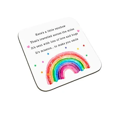 Image of Rainbow of Hugs &amp; Love Sent Across The Miles Wooden Sentimental Gift Positivity Smiles Coaster Thinking You Missing