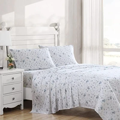 Image of Laura Ashley Home Queen Sheets, Soft Sateen Cotton Bedding Set Sleek, Smooth, &amp; Breathable Decor (Garden Muse Blue, 4 pieces, Queen)